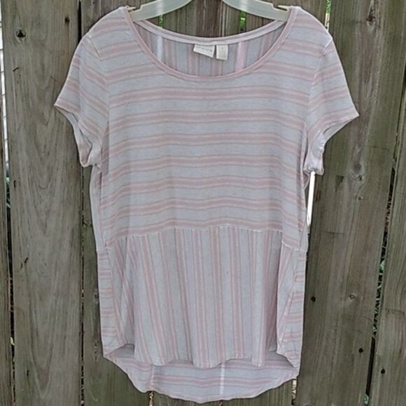 Chico's Women's Pink White Striped Soft Stretch Short Sleeve Tunic Size 1 (S 8) - Picture 1 of 9